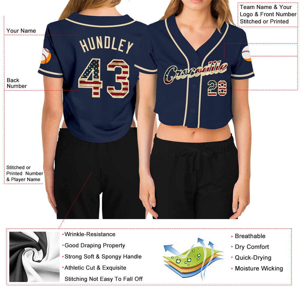 Custom Women's Navy Vintage USA Flag-Cream V-Neck Cropped Baseball Jersey view 3