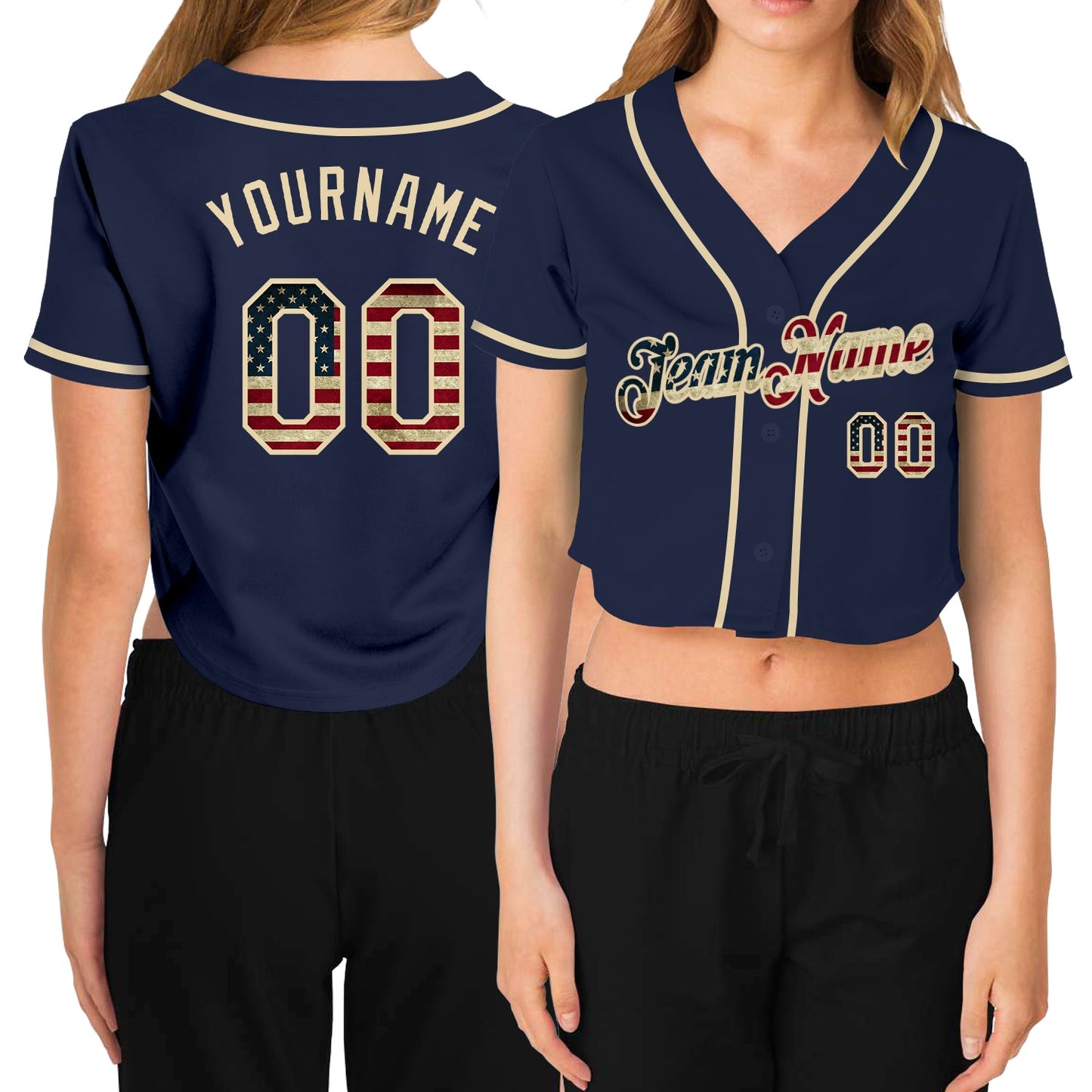 Custom Women's Navy Vintage USA Flag-Cream V-Neck Cropped Baseball Jersey - Main View