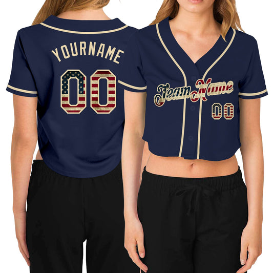 Custom Women's Navy Vintage USA Flag-Cream V-Neck Cropped Baseball Jersey - Main View