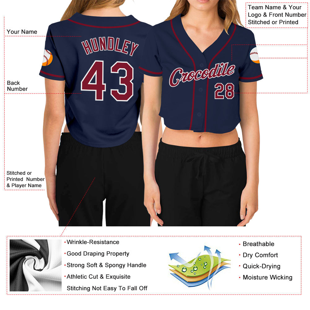 Custom Women's Navy Crimson-White V-Neck Cropped Baseball Jersey view 3