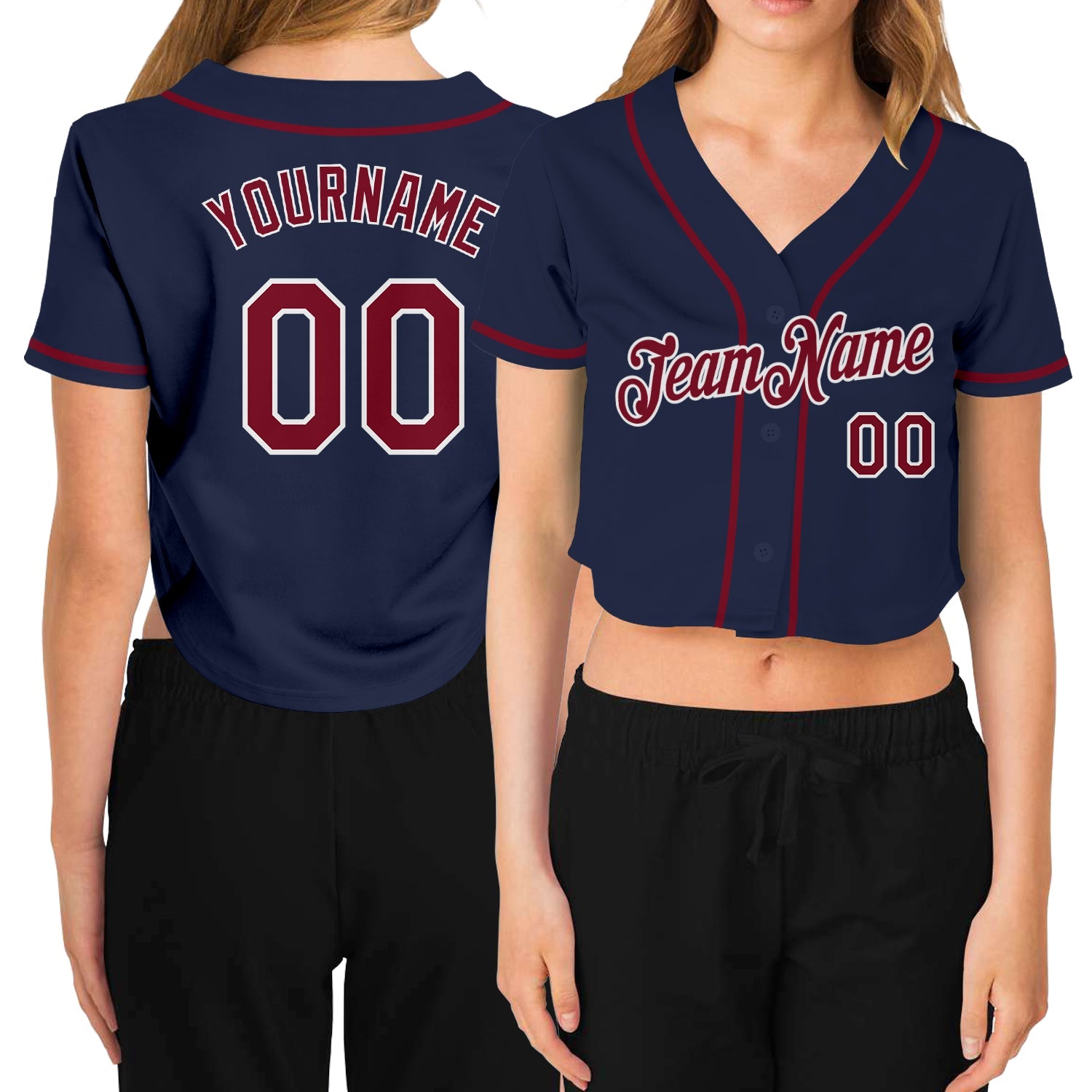 Custom Women's Navy Crimson-White V-Neck Cropped Baseball Jersey - Main View