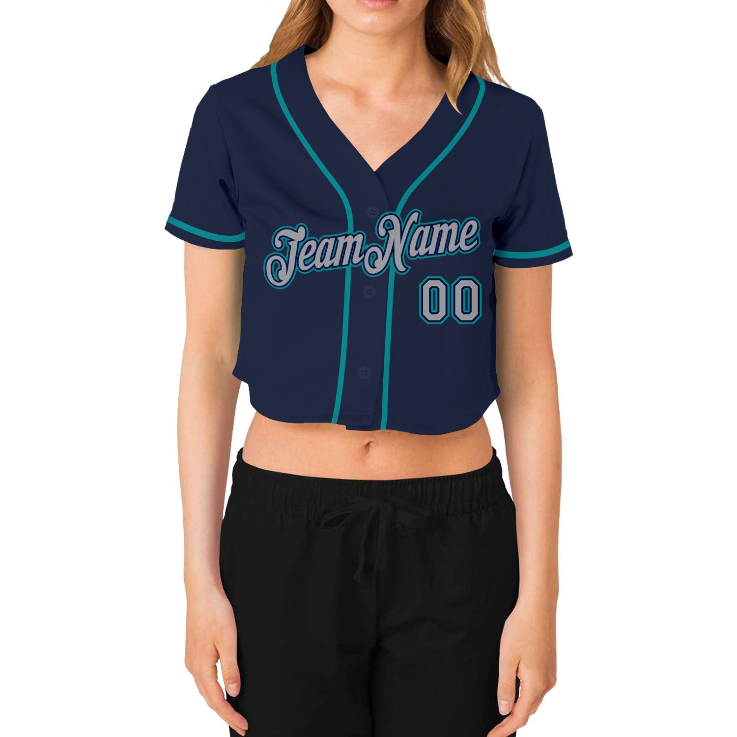 Custom Women's Navy Gray-Aqua V-Neck Cropped Baseball Jersey view 2