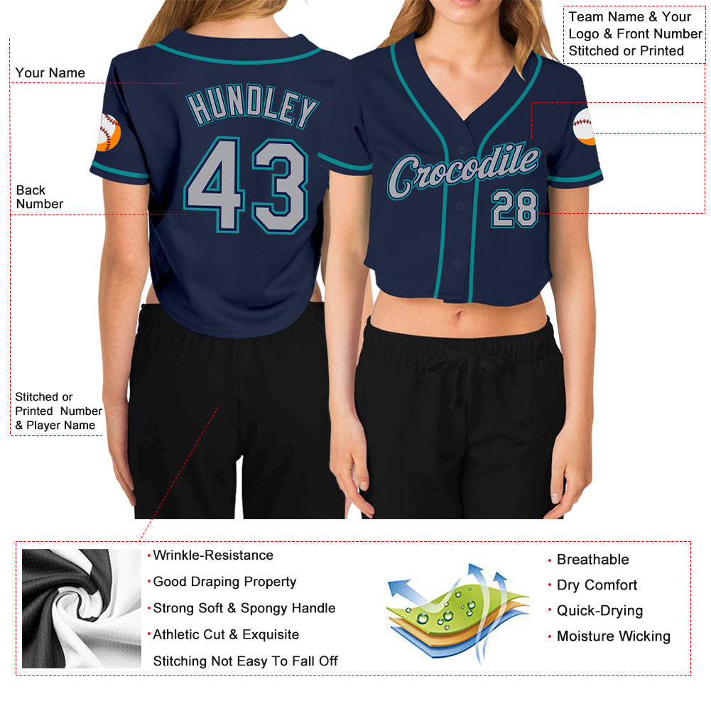 Custom Women's Navy Gray-Aqua V-Neck Cropped Baseball Jersey view 3
