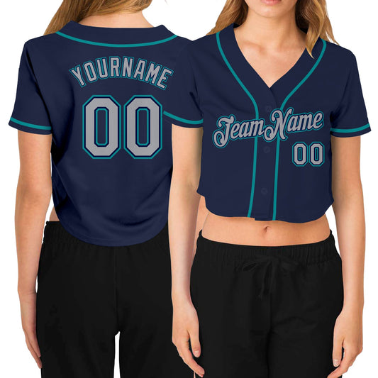 Custom Women's Navy Gray-Aqua V-Neck Cropped Baseball Jersey - Main View