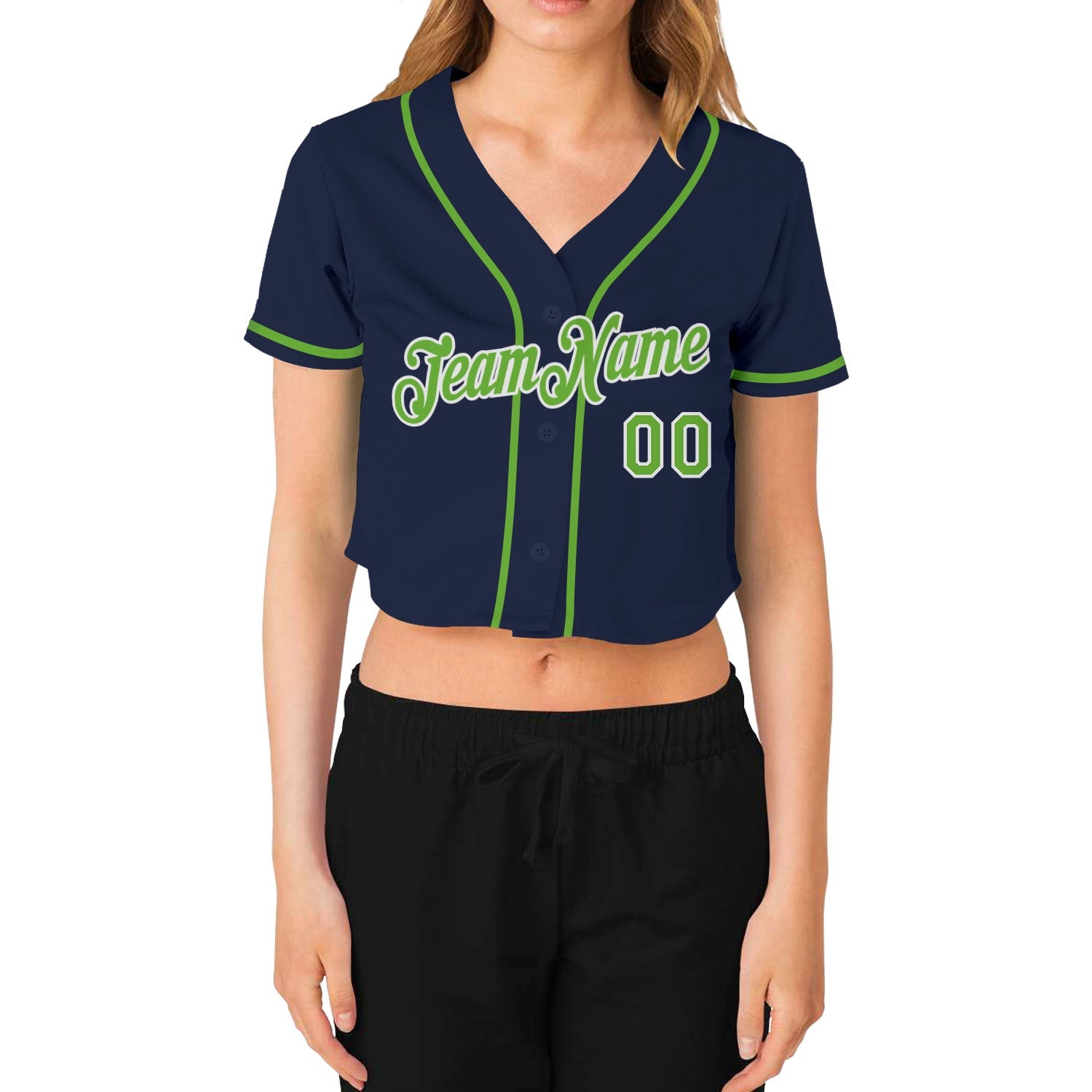 Custom Women's Navy Neon Green-White V-Neck Cropped Baseball Jersey view 2