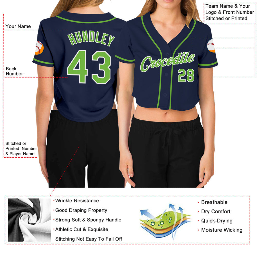 Custom Women's Navy Neon Green-White V-Neck Cropped Baseball Jersey view 3