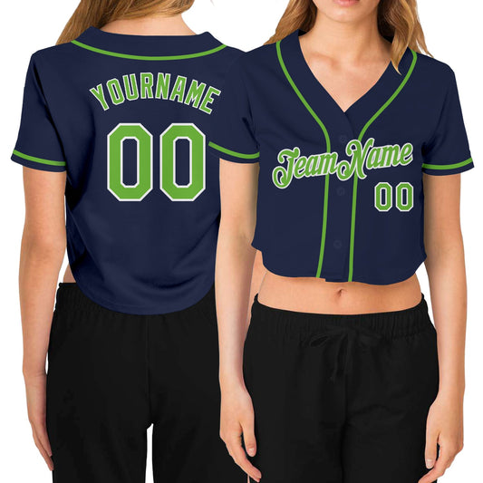Custom Women's Navy Neon Green-White V-Neck Cropped Baseball Jersey - Main View