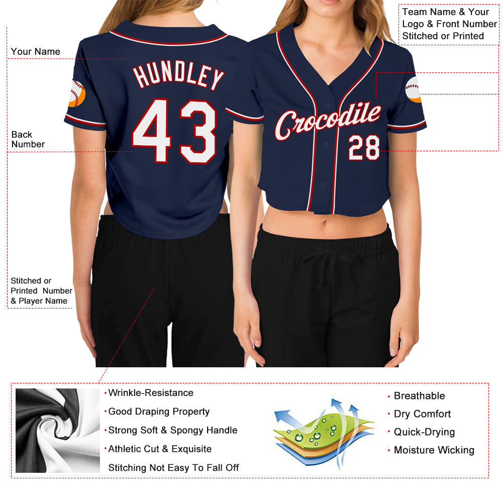 Custom Women's Navy White-Red V-Neck Cropped Baseball Jersey view 3