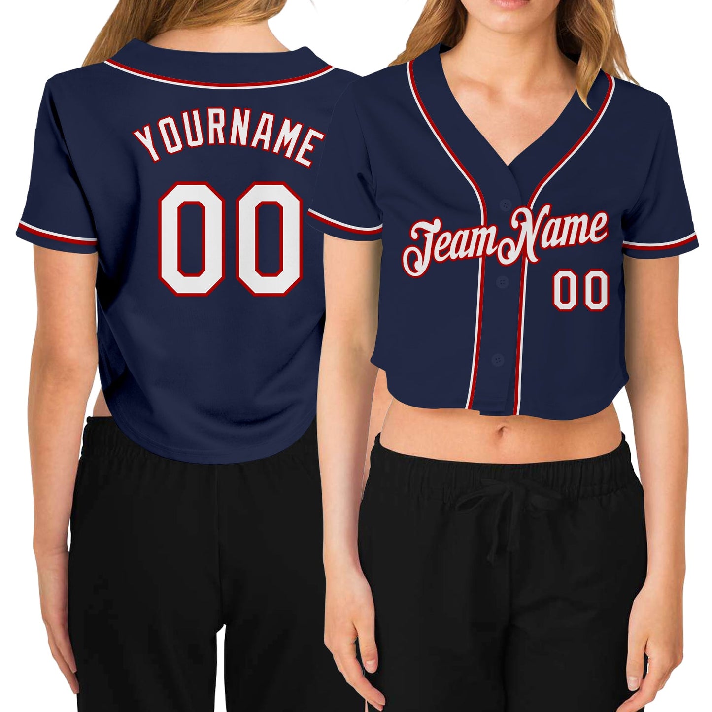 Custom Women's Navy White-Red V-Neck Cropped Baseball Jersey - Main View