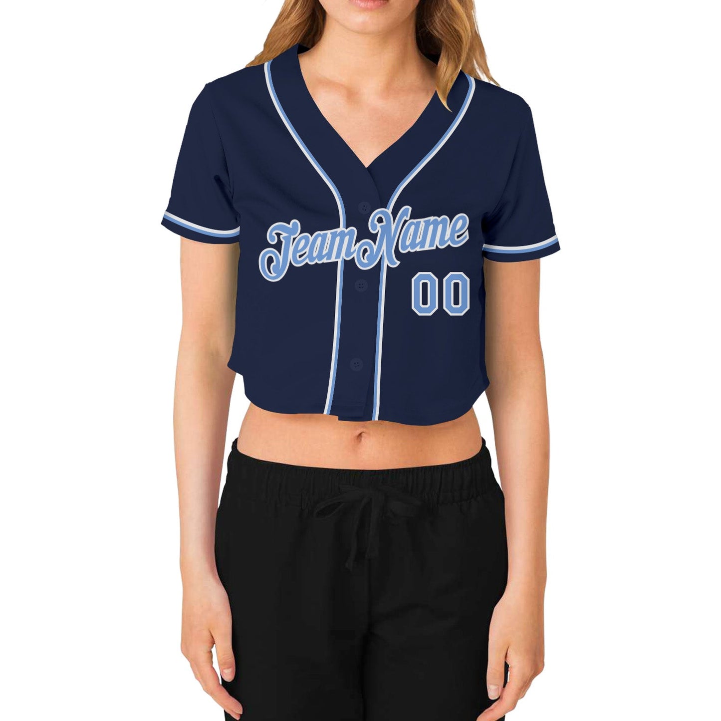 Custom Women's Navy Light Blue-White V-Neck Cropped Baseball Jersey view 2