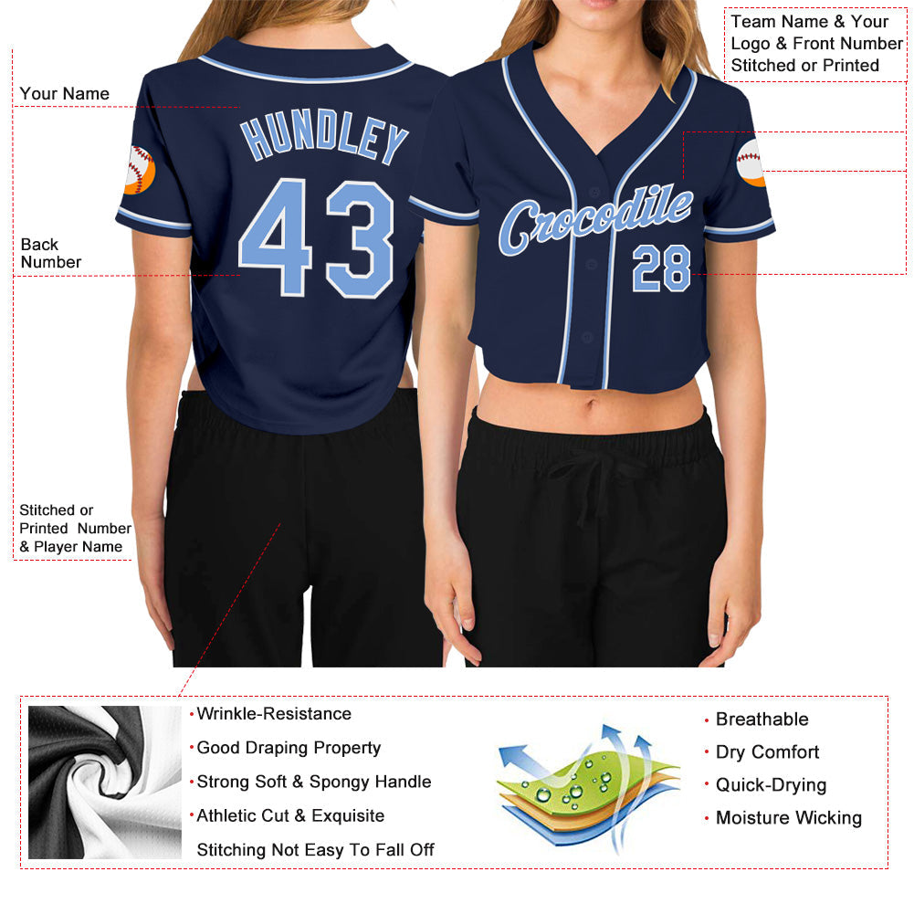 Custom Women's Navy Light Blue-White V-Neck Cropped Baseball Jersey view 3