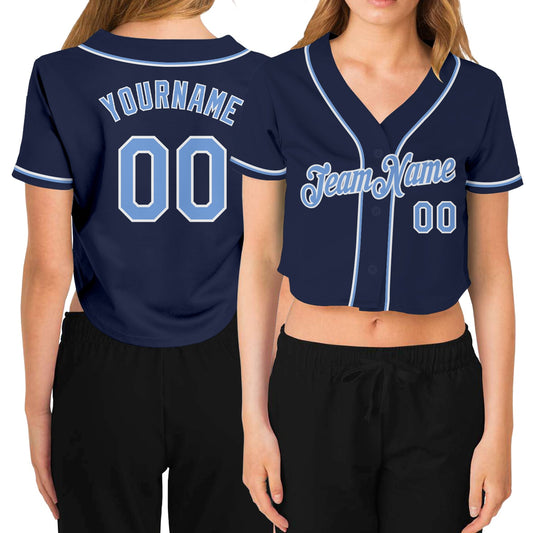 Custom Women's Navy Light Blue-White V-Neck Cropped Baseball Jersey - Main View