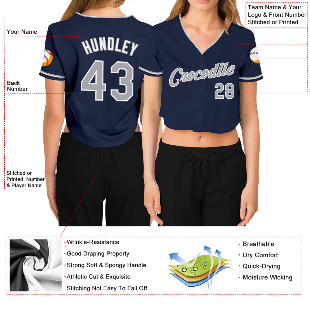 Custom Women's Navy Gray-White V-Neck Cropped Baseball Jersey view 3