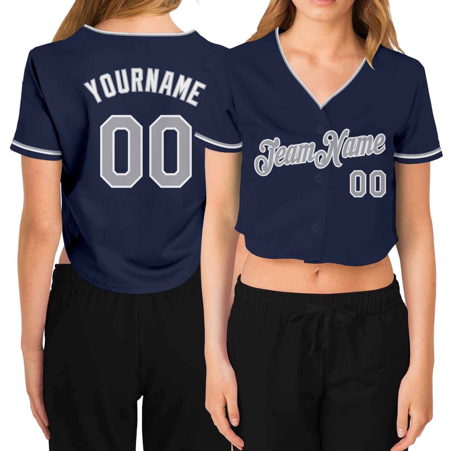 Custom Women's Navy Gray-White V-Neck Cropped Baseball Jersey - Main View