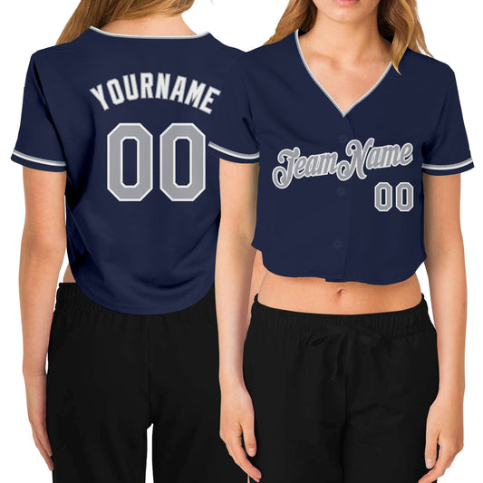 Custom Women's Navy Gray-White V-Neck Cropped Baseball Jersey - Main View