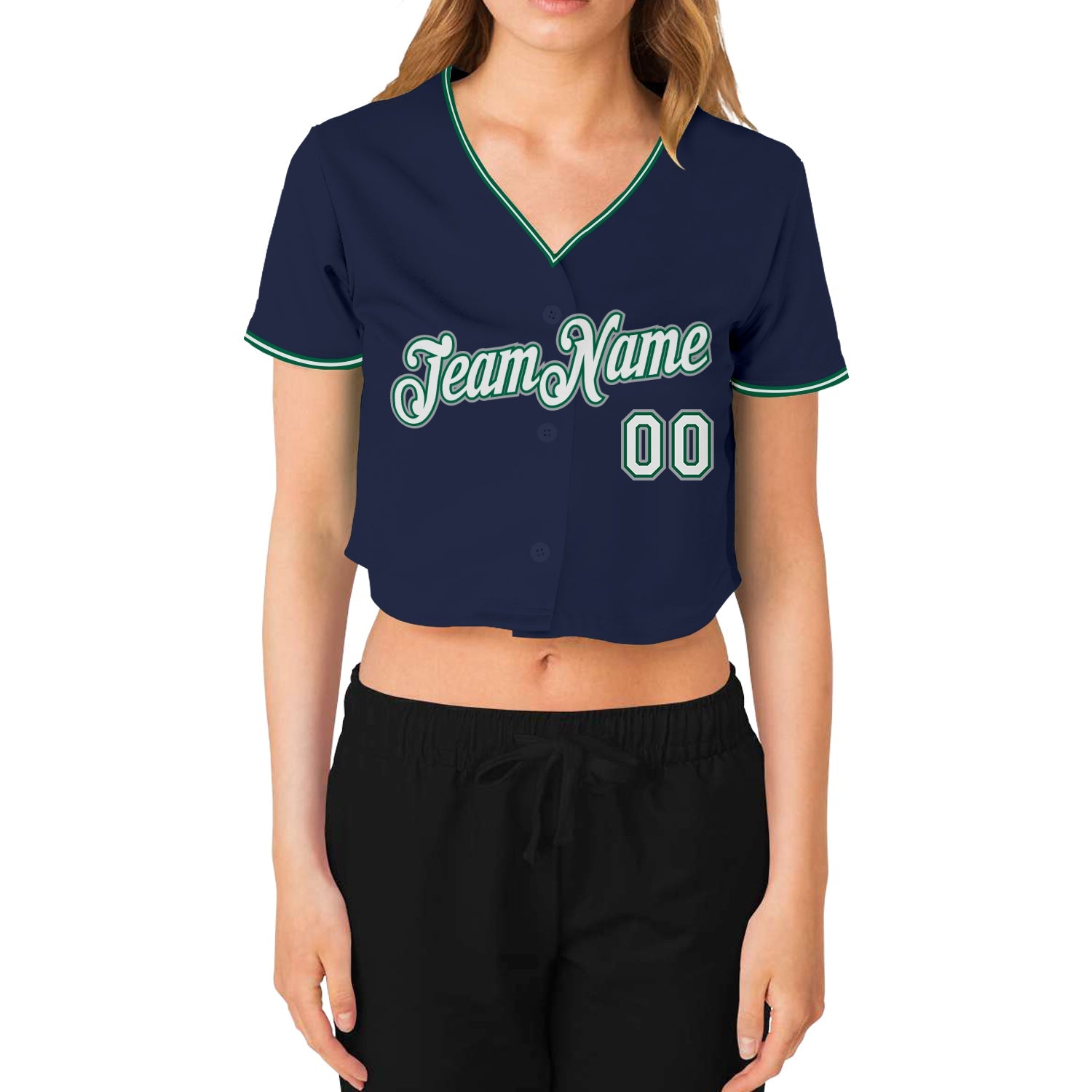 Custom Women's Navy White Kelly Green-Gray V-Neck Cropped Baseball Jersey view 2