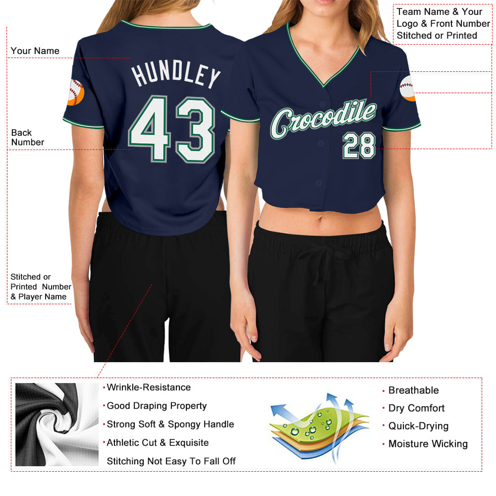 Custom Women's Navy White Kelly Green-Gray V-Neck Cropped Baseball Jersey view 3