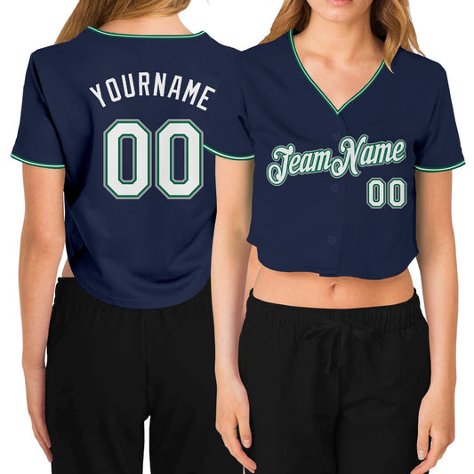 Custom Women's Navy White Kelly Green-Gray V-Neck Cropped Baseball Jersey - Main View