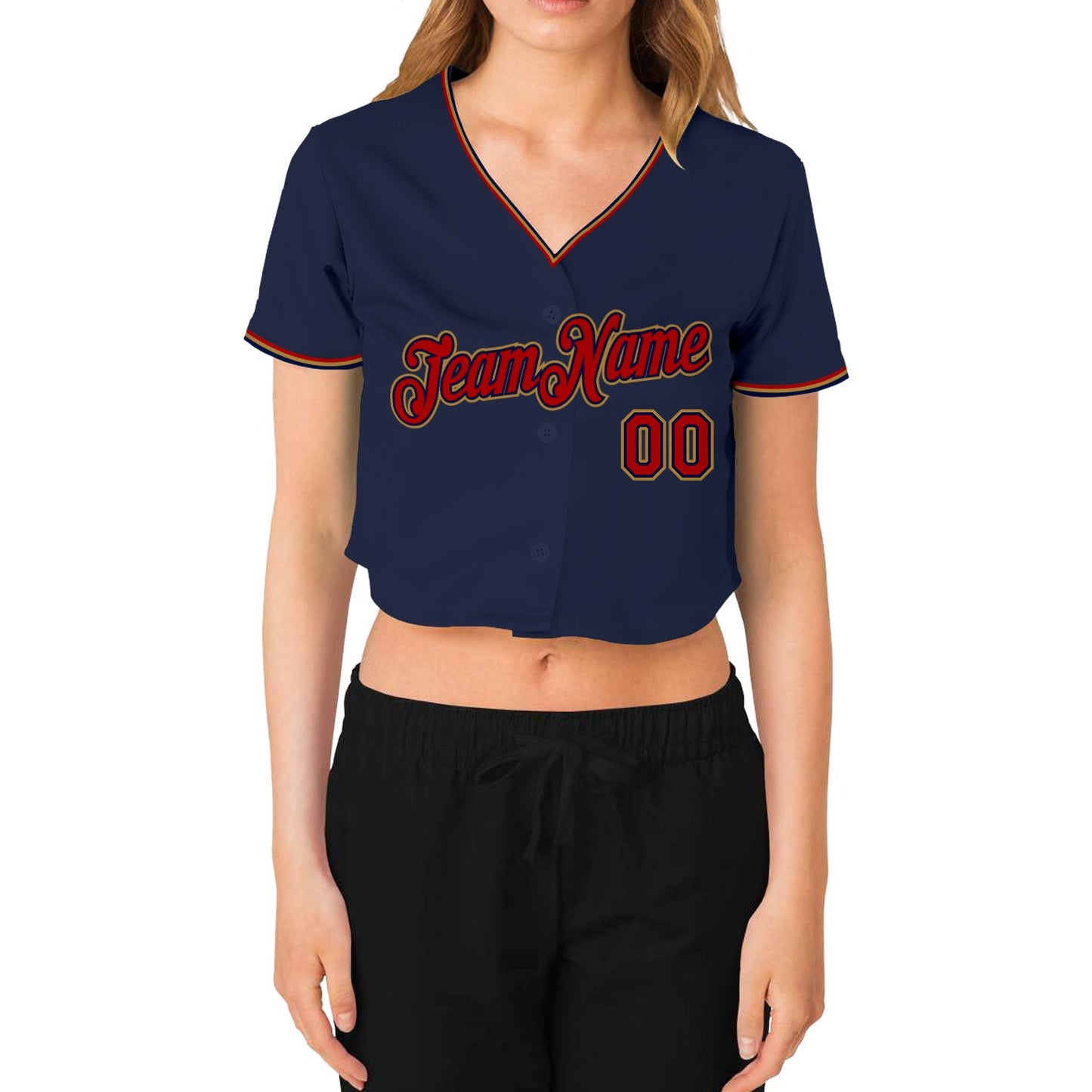 Custom Women's Navy Red-Old Gold V-Neck Cropped Baseball Jersey view 2