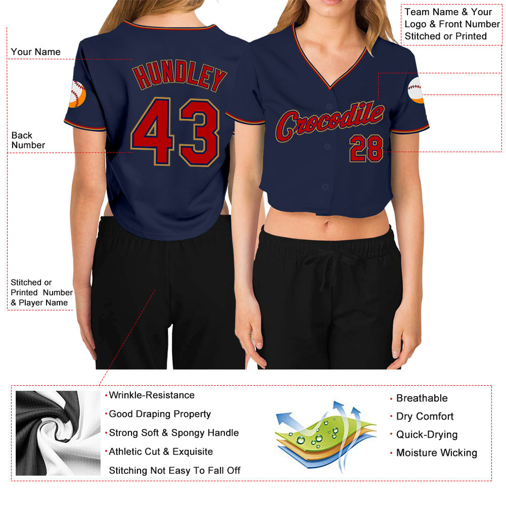 Custom Women's Navy Red-Old Gold V-Neck Cropped Baseball Jersey view 3