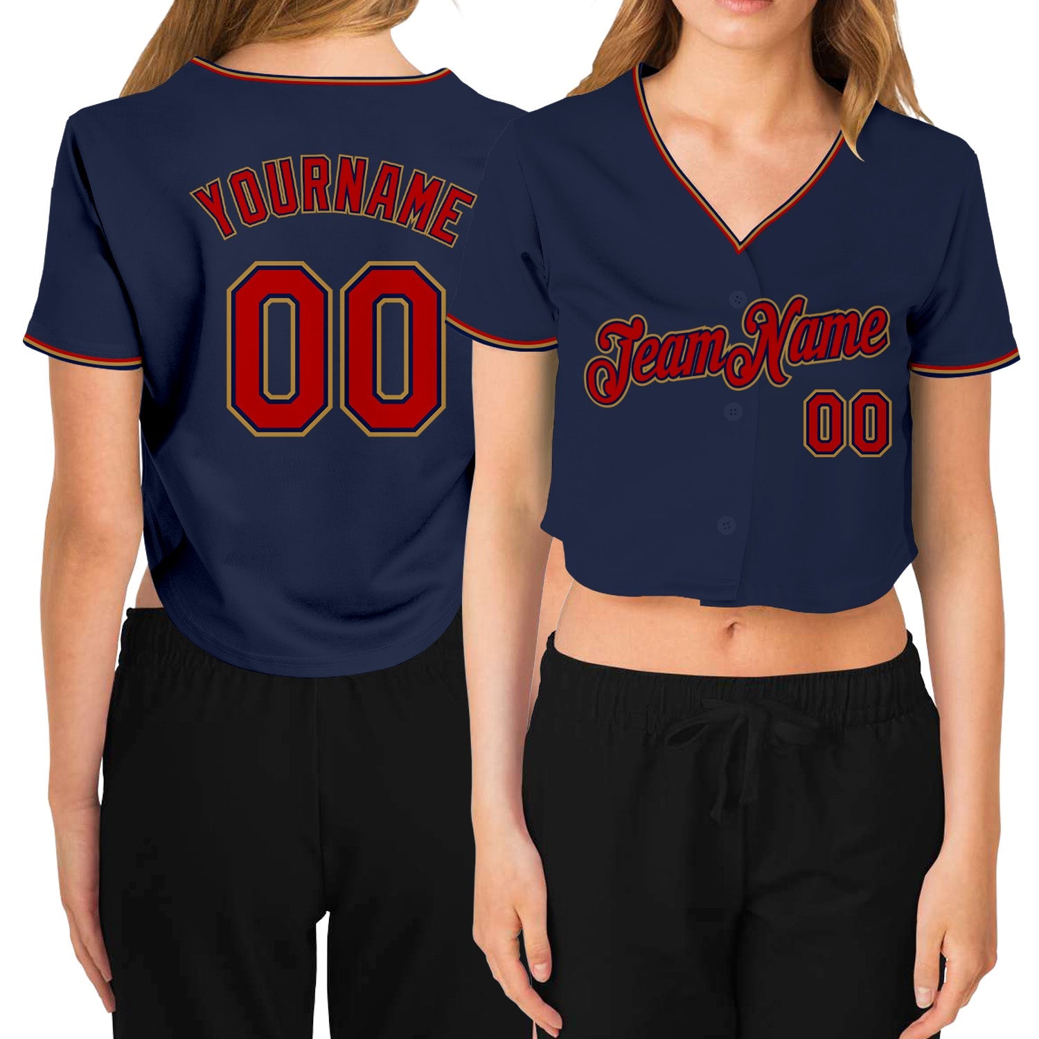 Custom Women's Navy Red-Old Gold V-Neck Cropped Baseball Jersey - Main View