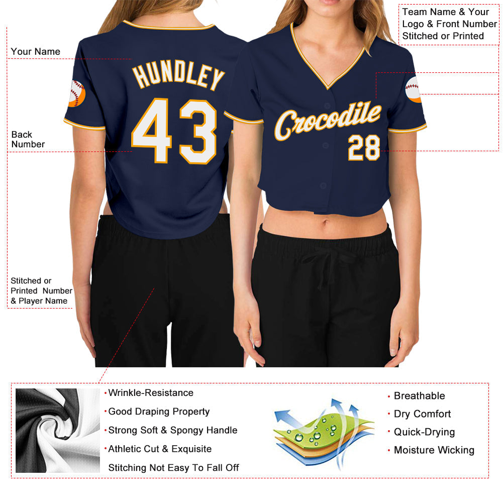 Custom Women's Navy White-Gold V-Neck Cropped Baseball Jersey view 3