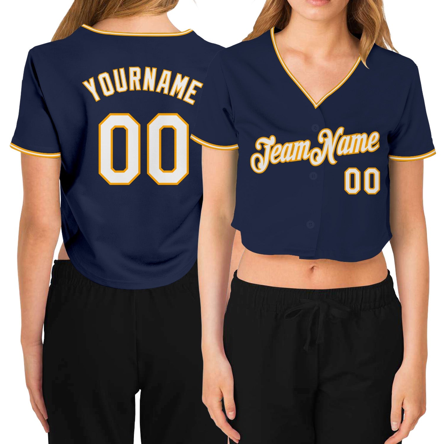 Custom Women's Navy White-Gold V-Neck Cropped Baseball Jersey - Main View