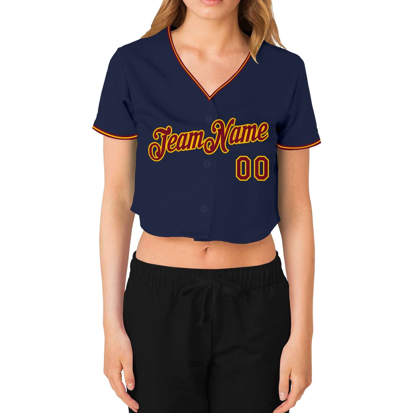 Custom Women's Navy Crimson-Gold V-Neck Cropped Baseball Jersey view 2
