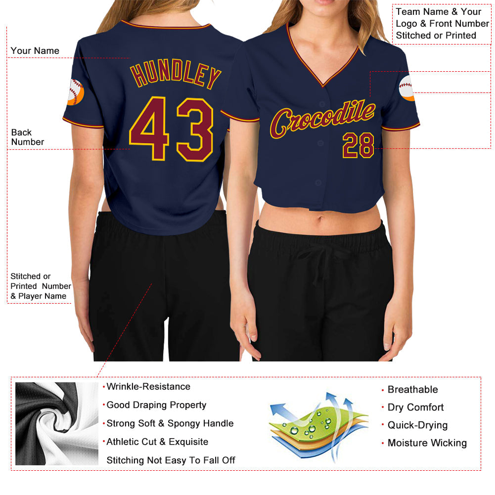 Custom Women's Navy Crimson-Gold V-Neck Cropped Baseball Jersey view 3