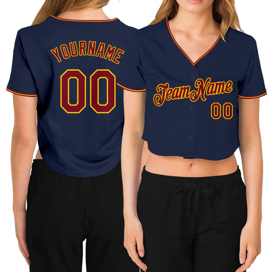 Custom Women's Navy Crimson-Gold V-Neck Cropped Baseball Jersey - Main View