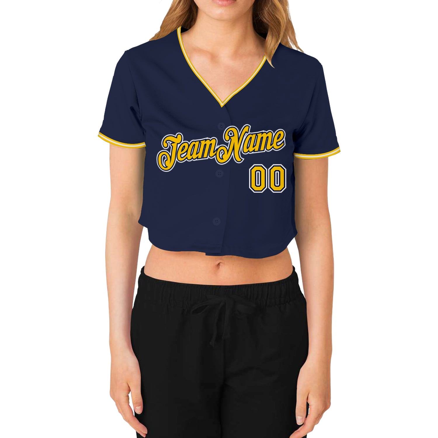 Custom Women's Navy Gold-White V-Neck Cropped Baseball Jersey view 2