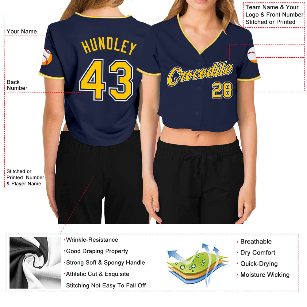 Custom Women's Navy Gold-White V-Neck Cropped Baseball Jersey view 3