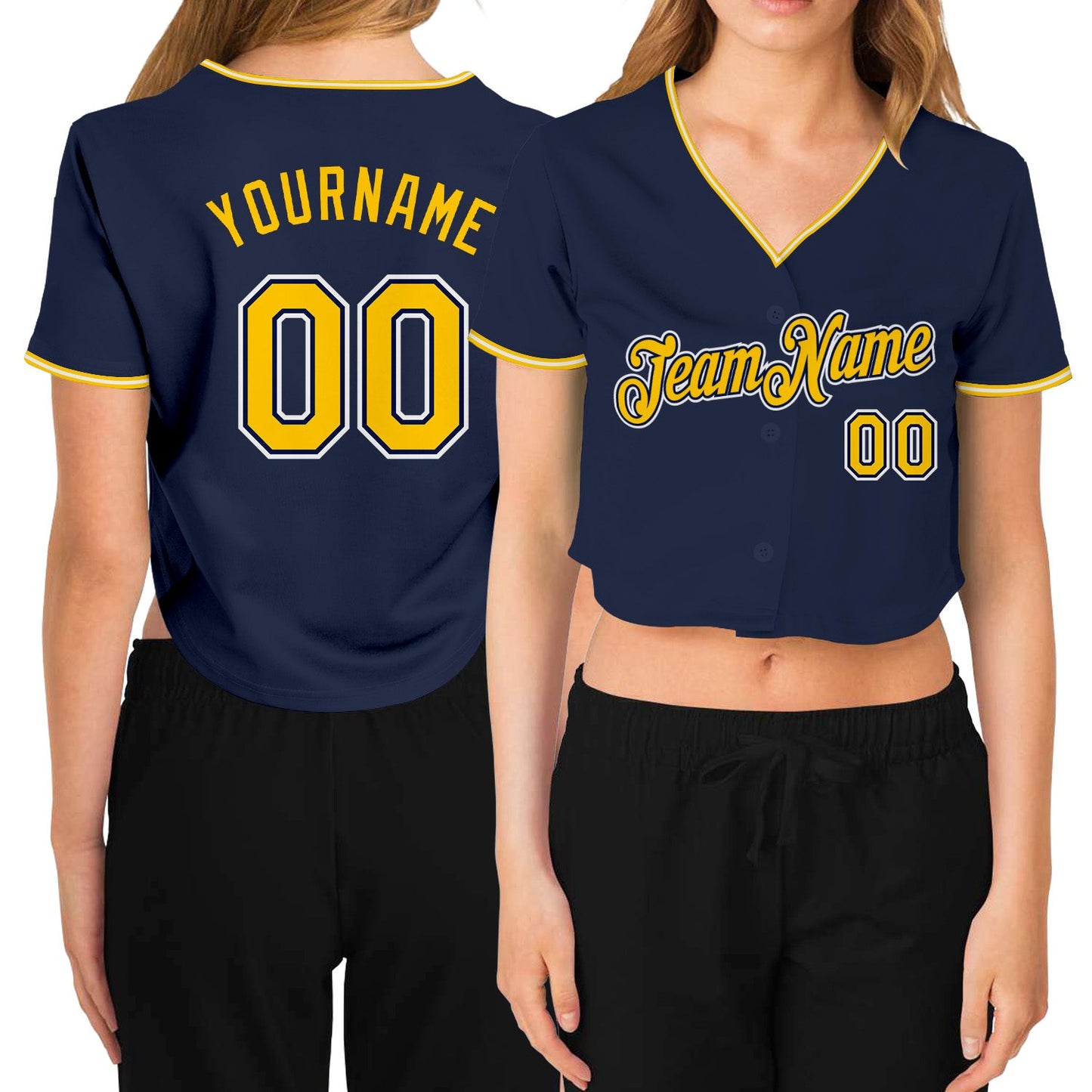 Custom Women's Navy Gold-White V-Neck Cropped Baseball Jersey - Main View