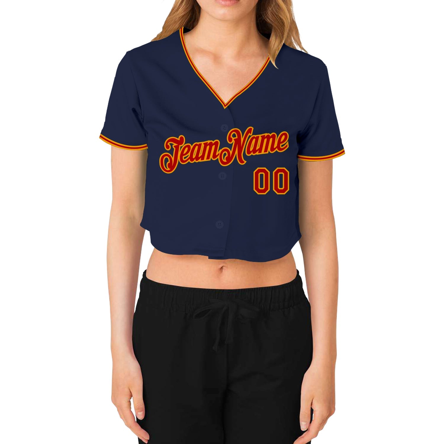 Custom Women's Navy Red-Gold V-Neck Cropped Baseball Jersey view 2