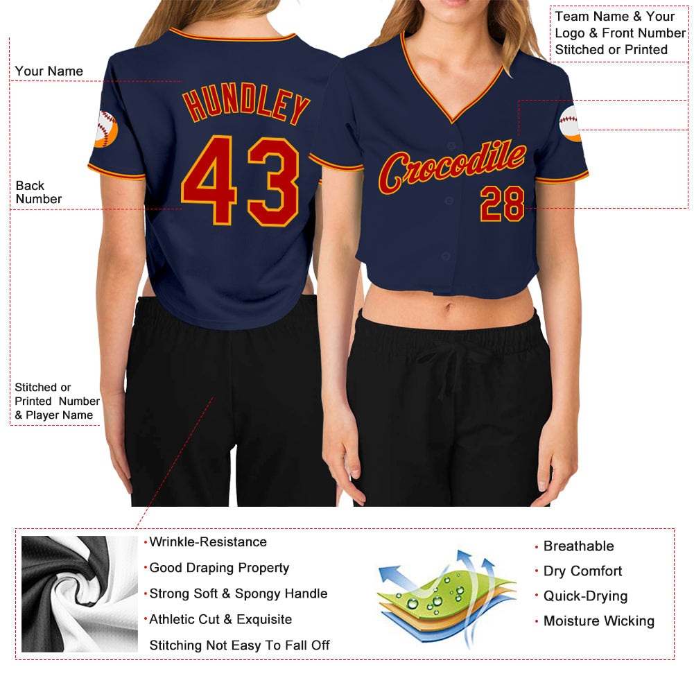 Custom Women's Navy Red-Gold V-Neck Cropped Baseball Jersey view 3