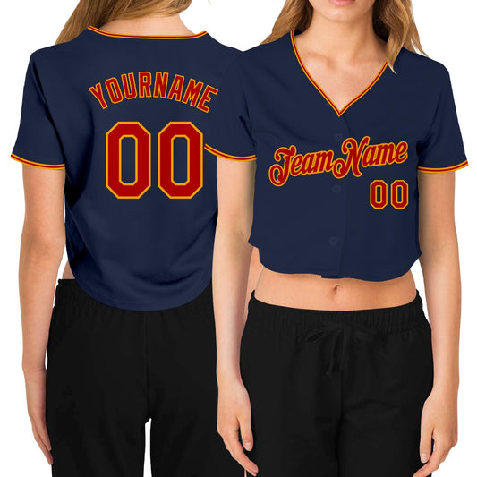 Custom Women's Navy Red-Gold V-Neck Cropped Baseball Jersey - Main View