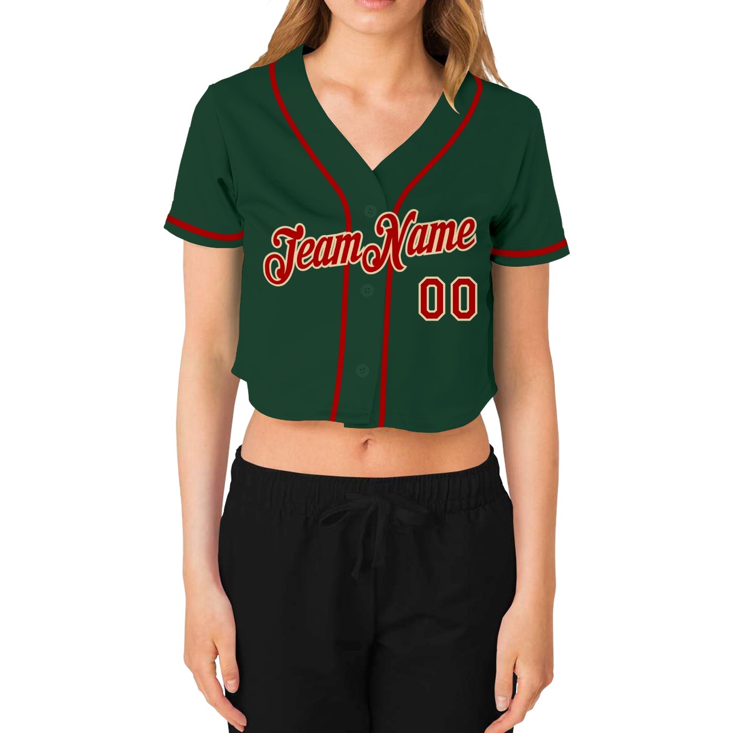 Custom Women's Green Red-Cream V-Neck Cropped Baseball Jersey view 2