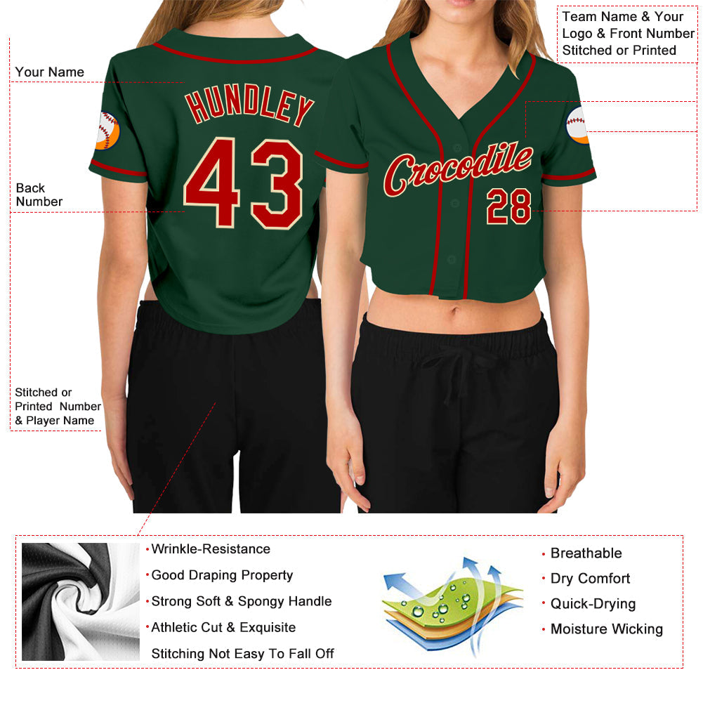 Custom Women's Green Red-Cream V-Neck Cropped Baseball Jersey view 3
