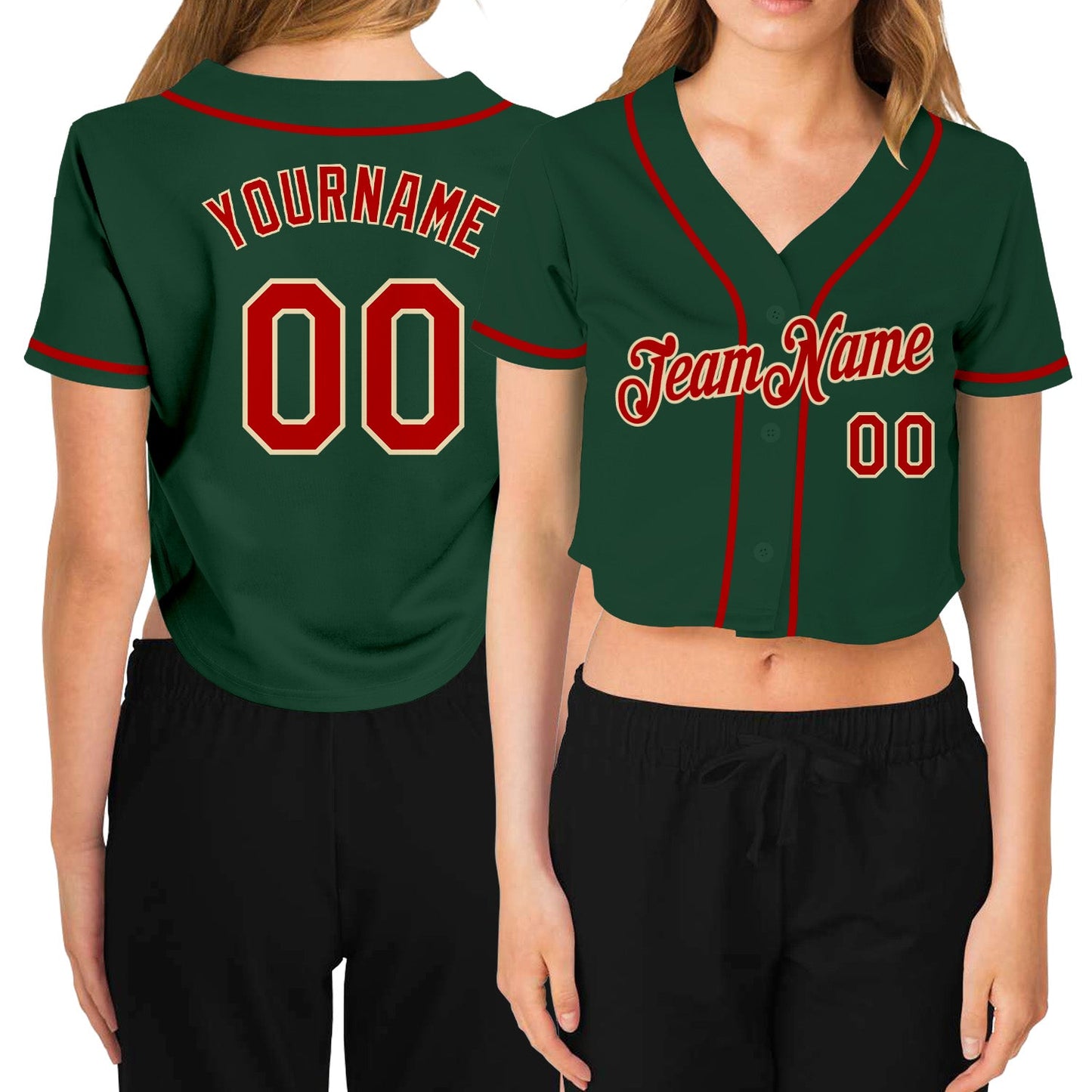 Custom Women's Green Red-Cream V-Neck Cropped Baseball Jersey - Main View