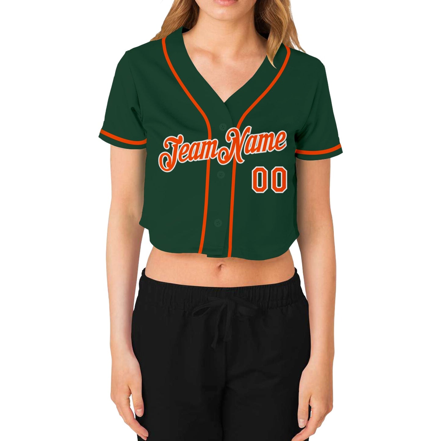 Custom Women's Green Orange-White V-Neck Cropped Baseball Jersey view 2