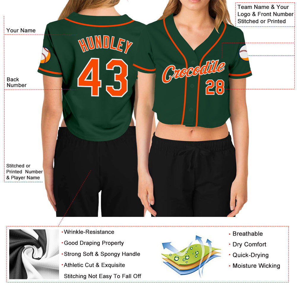Custom Women's Green Orange-White V-Neck Cropped Baseball Jersey view 3