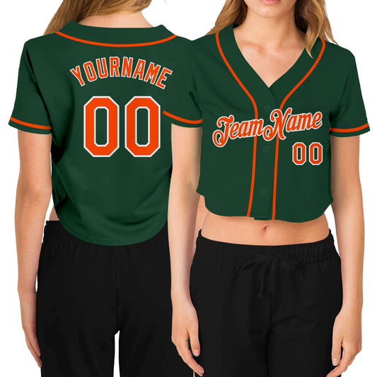 Custom Women's Green Orange-White V-Neck Cropped Baseball Jersey - Main View