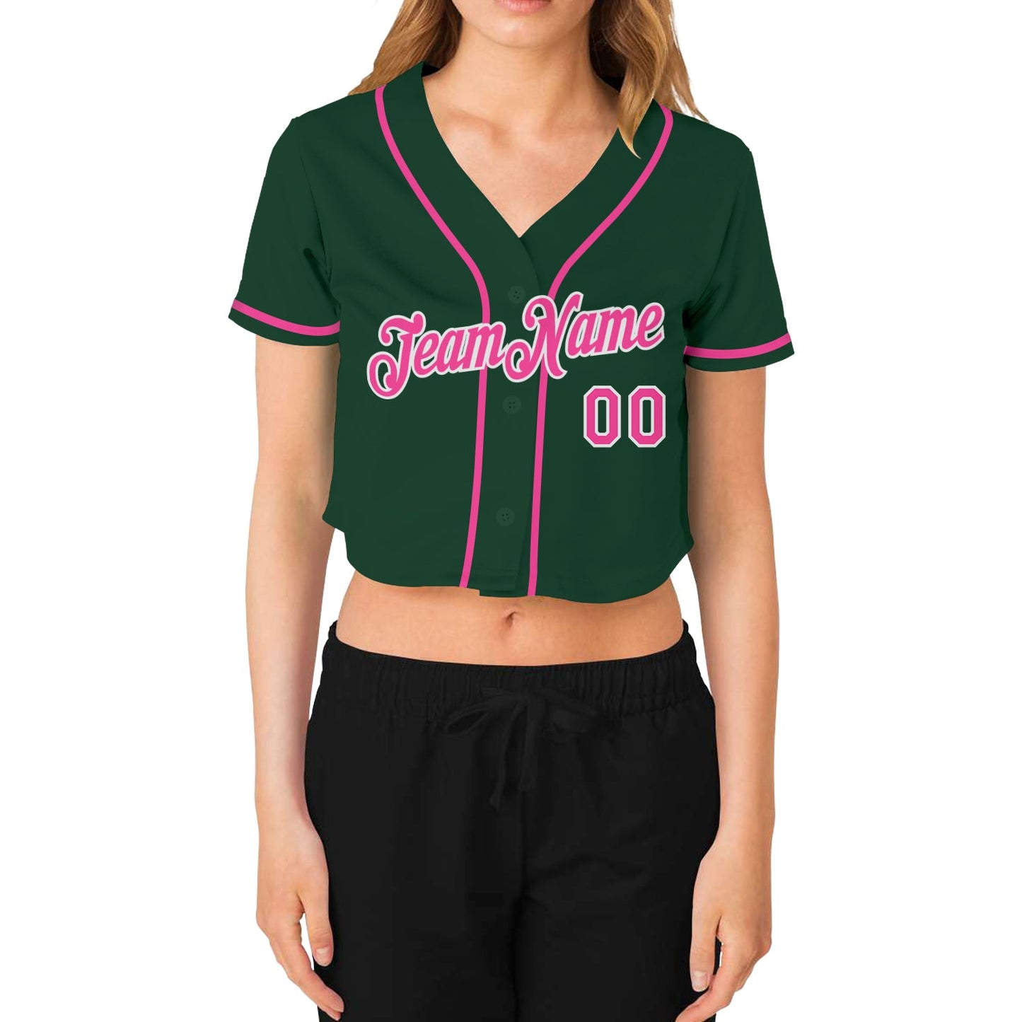 Custom Women's Green Pink-White V-Neck Cropped Baseball Jersey view 2