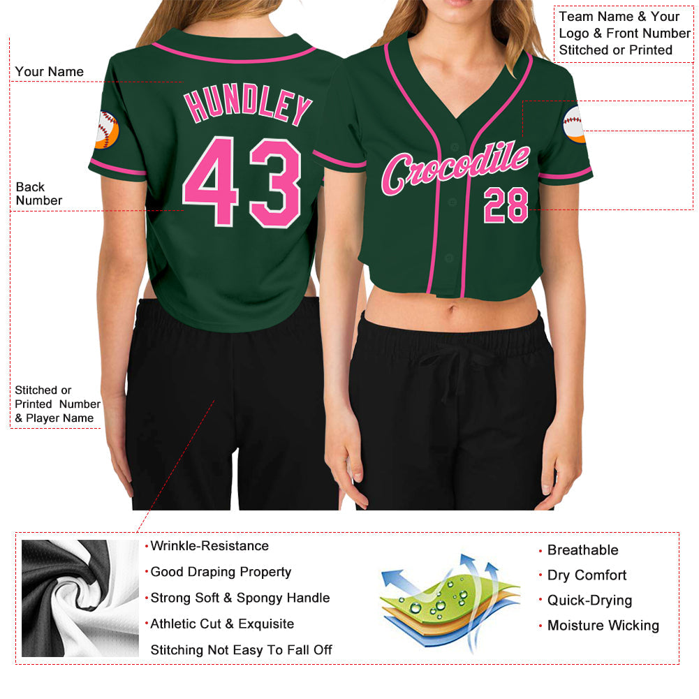 Custom Women's Green Pink-White V-Neck Cropped Baseball Jersey view 3