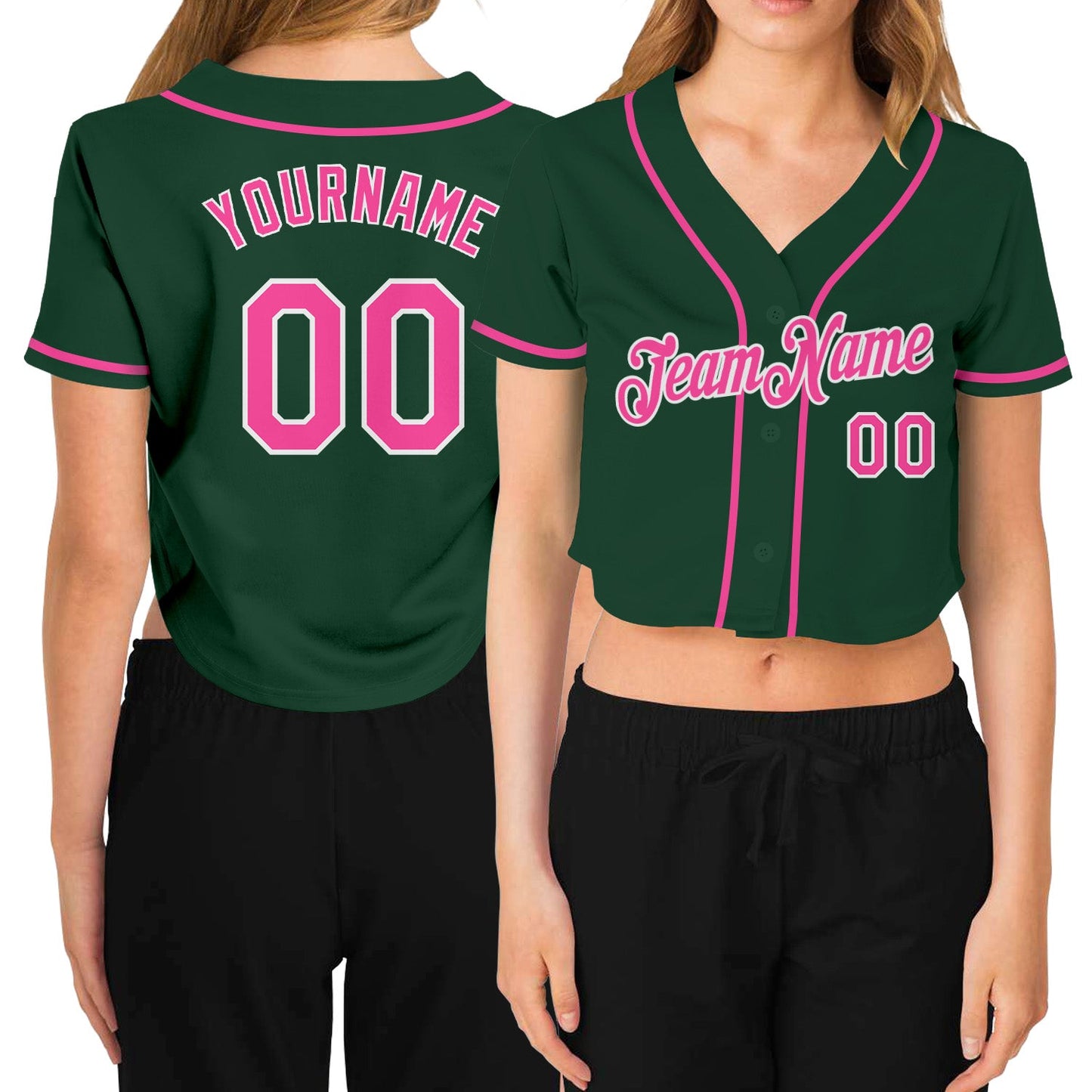 Custom Women's Green Pink-White V-Neck Cropped Baseball Jersey - Main View