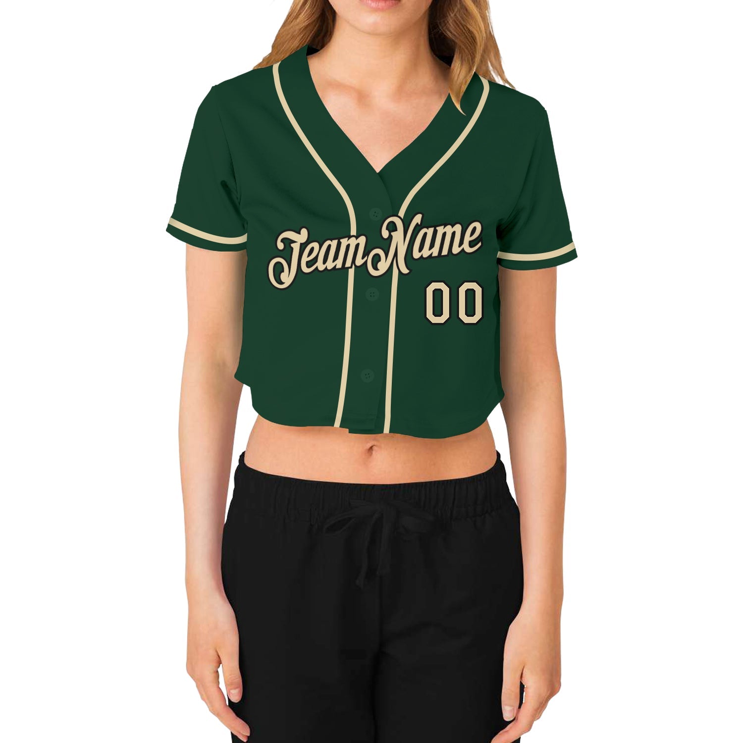 Custom Women's Green Cream-Black V-Neck Cropped Baseball Jersey view 2