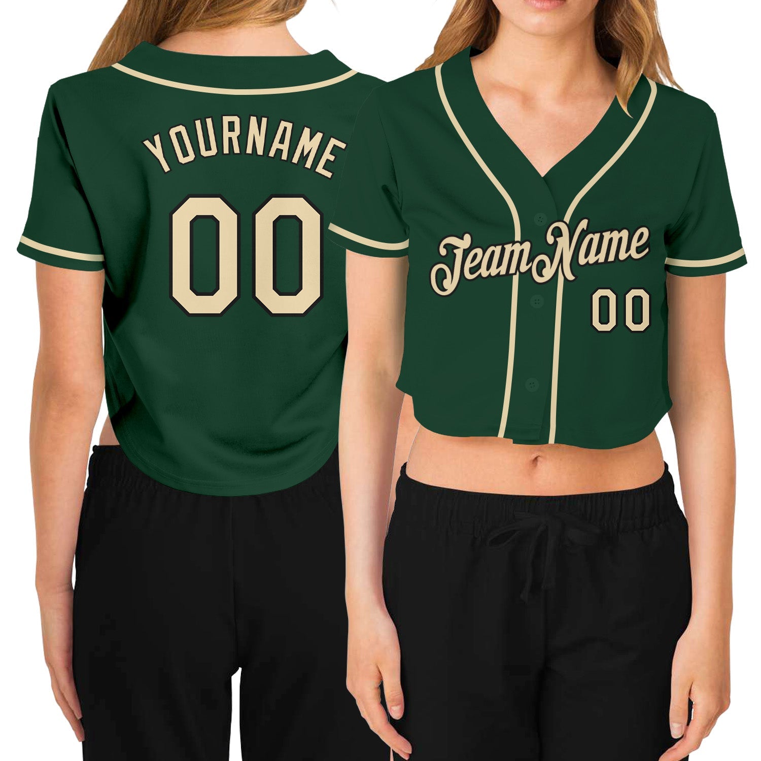 Custom Women's Green Cream-Black V-Neck Cropped Baseball Jersey - Main View