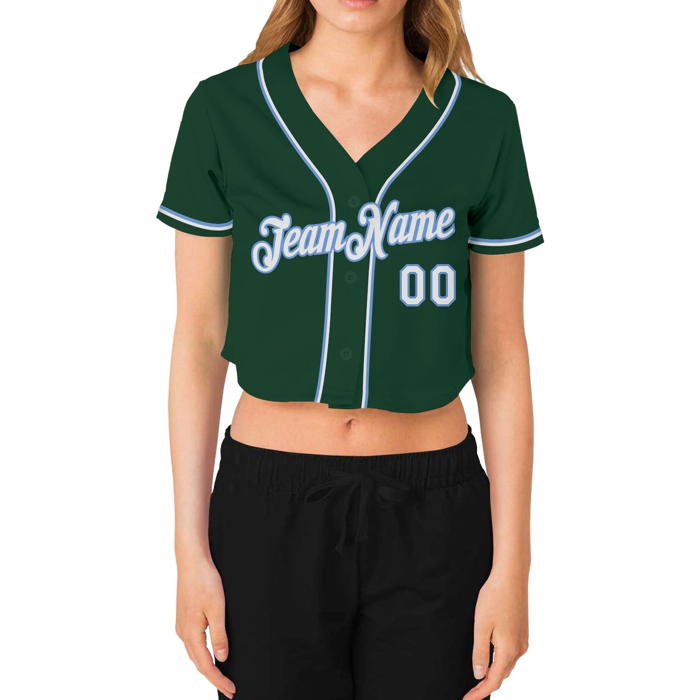 Custom Women's Green White-Light Blue V-Neck Cropped Baseball Jersey view 2