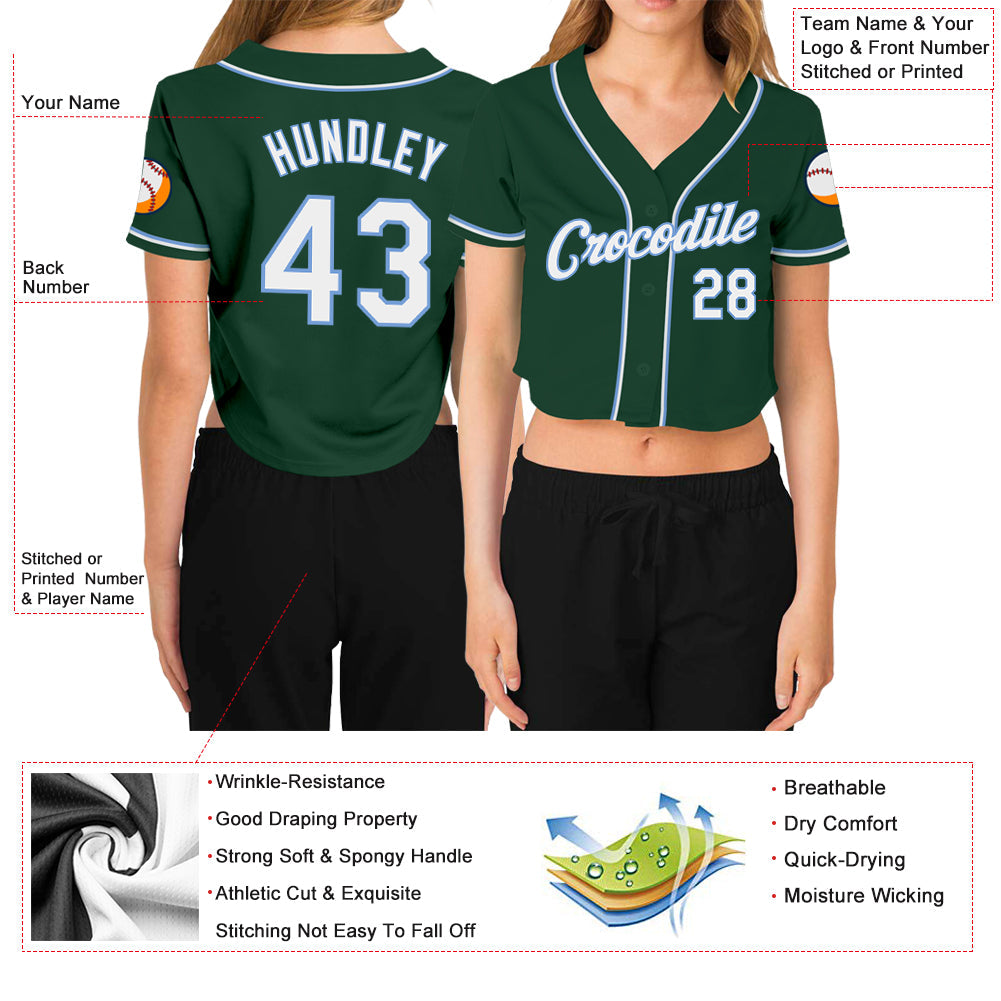 Custom Women's Green White-Light Blue V-Neck Cropped Baseball Jersey view 3