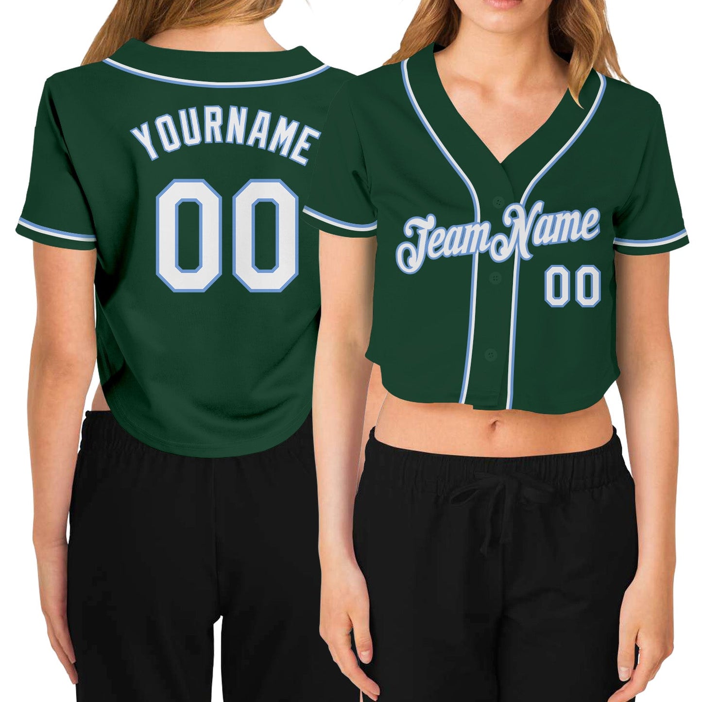 Custom Women's Green White-Light Blue V-Neck Cropped Baseball Jersey - Main View